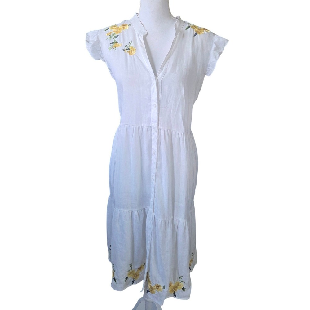 Saks Fifth Avenue White Linen Dress Butter Yellow Floral Embroidered Tiered XL
